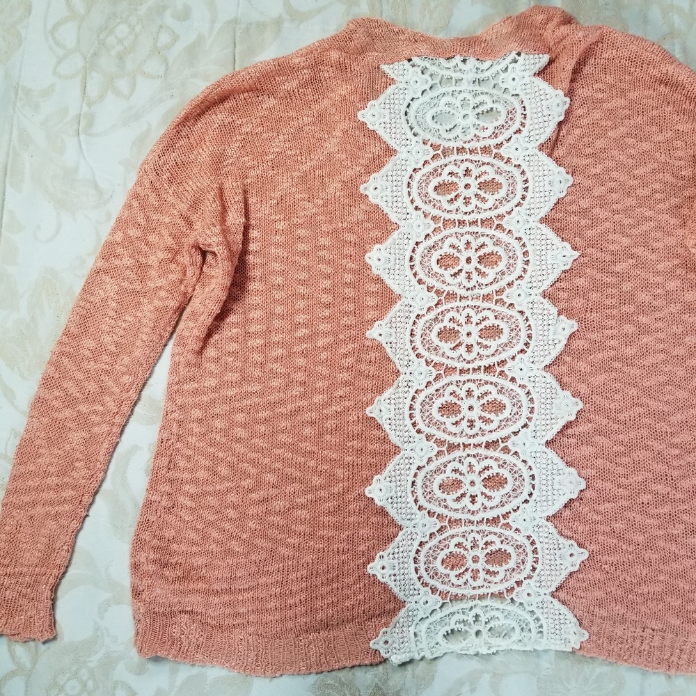 Lightweight Open-knit Slouchy Sorbet Sweater w/ crochet Panel S